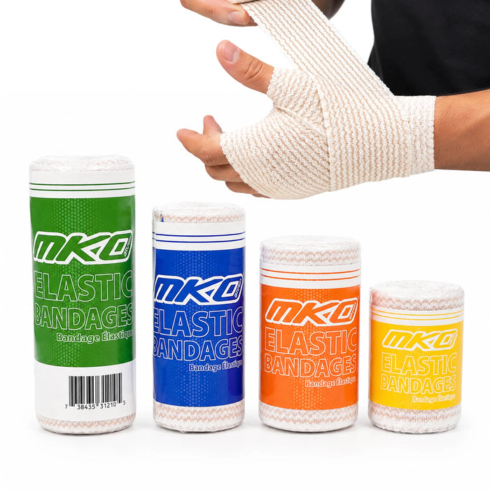 MKO Elastic Bandages assorted sizes with color-coded identification stripes, displayed on a white background.
