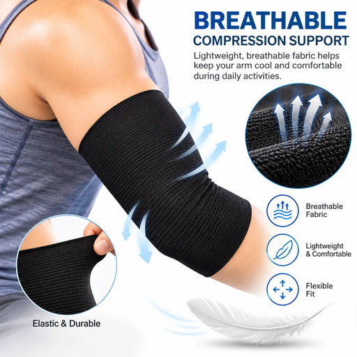 MKO black breathable compression sleeve shown on a person's upper arm, with marketing text and circular inset details highlighting elasticity, breathability, and lightweight comfort.
