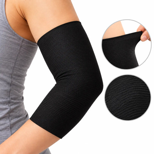MKO black compression elbow support sleeve worn on a person's bent elbow, shown against a white background with two circular inset detail views highlighting the texture and stretch.