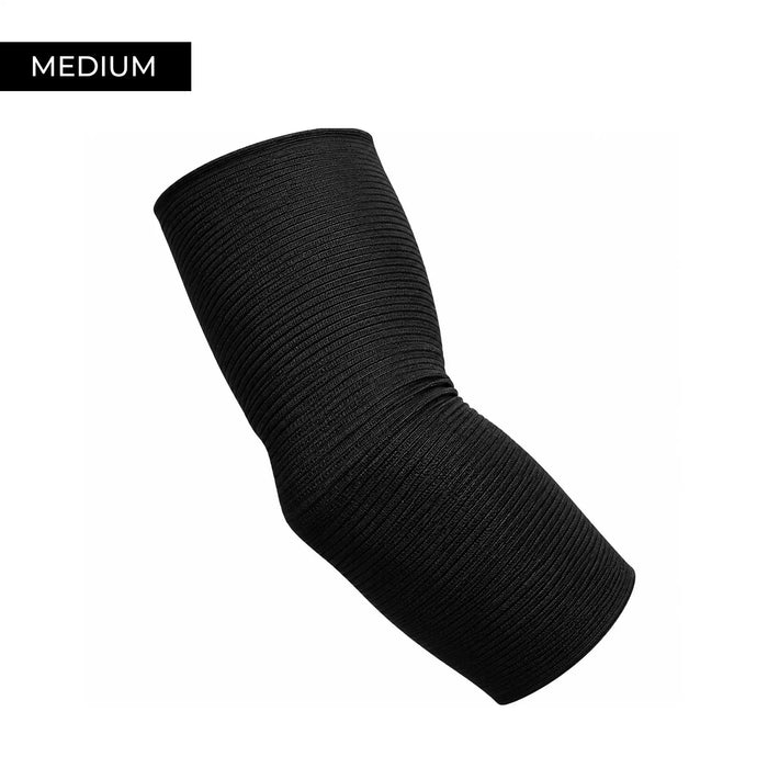 MKO black elbow compression sleeve shown on a white background with a black 'Medium' size label in the top-left corner.
