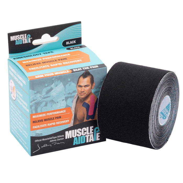 Muscle Aid Kinesio Tape Black Roll beside packaging