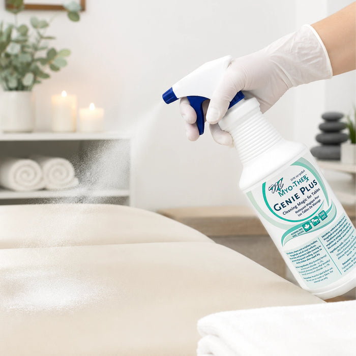 Gloved hand spraying Myo-Ther Genie Plus massage table cleaner onto a treatment table in a clean spa setting, with fine mist visible and towels and spa décor in the background.
