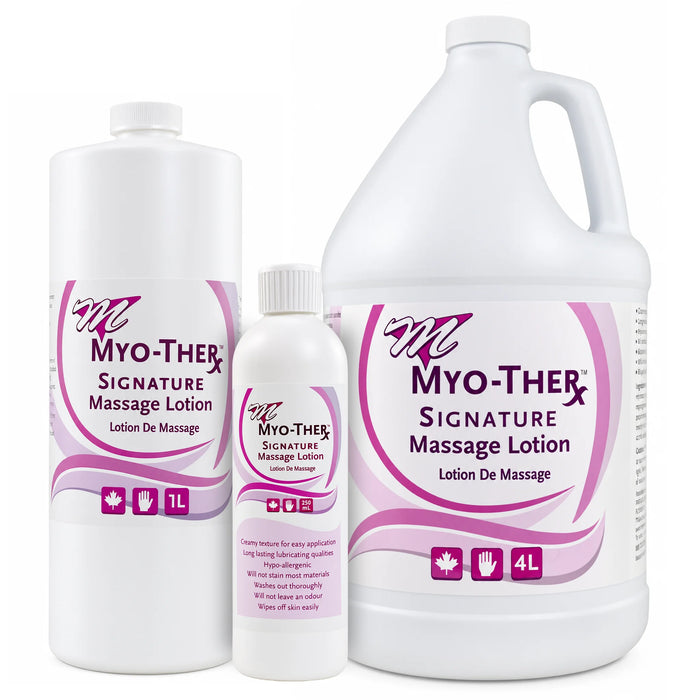 Myo There signature massage lotion hero image with 4 L, 1L and 25ML