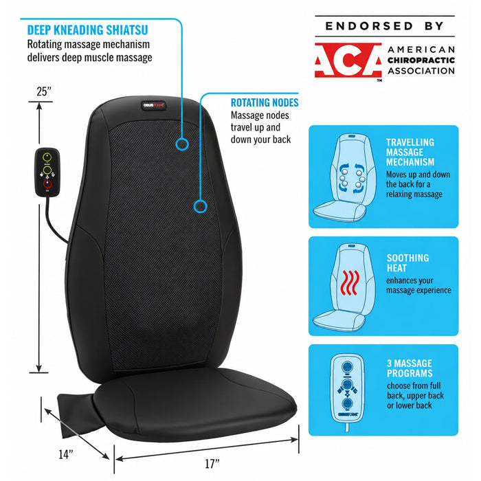 ObusForme Shiatsu Massage Cushion features, rotating massage nodes, heat and product dimensions