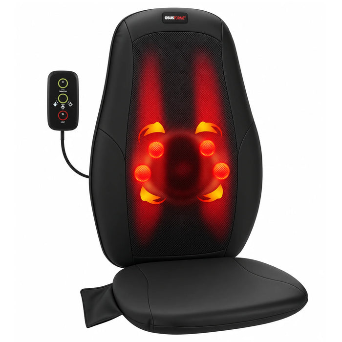 ObusForme Deep Kneading Shiatsu Massage Cushion showing rotating nodes and soothing heat function