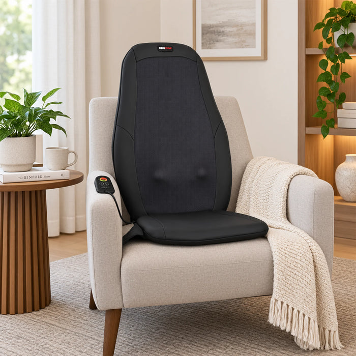 ObusForme Shiatsu Massage Cushion with Heat positioned on a chair for seated back massage