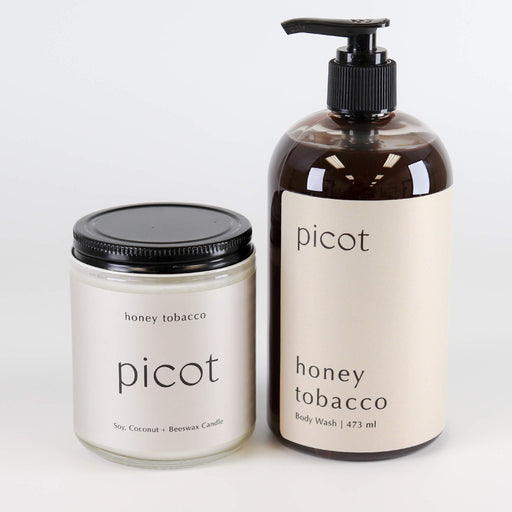 The much loved Honey Tobacco scented candle and Honey Tobacco body wash from Picot Collective.