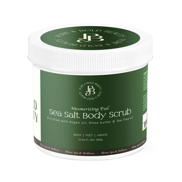 Pure and Bold Natural Sea Salt Body Scrub enriched with argan oil, shea butter, and tea tree oil