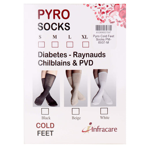 Pyro Cold Feet Socks, packaging showing available colors black, beige and white