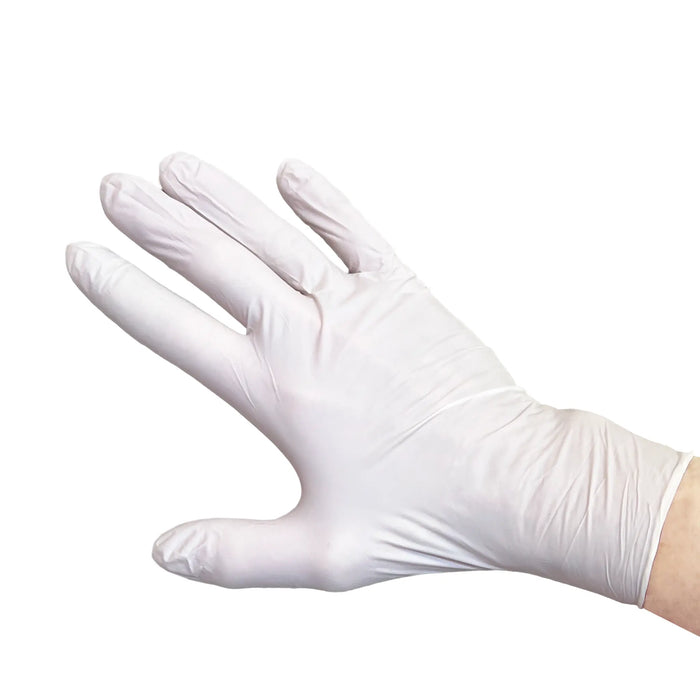 Close-up of hand wearing RestoreTouch powder-free nitrile exam glove