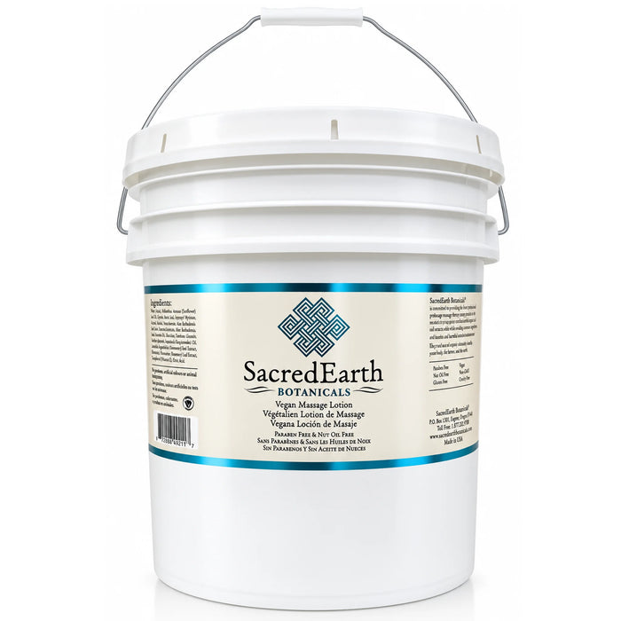 a pail featuring a label for Sacred Earth Botanicals SacredEarth Vegan Massage Lotion bulk pail for massage therapists, professional clinics and spa treatment rooms 