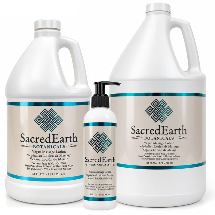 SacredEarth Vegan Massage Lotion in 1 gallon, half gallon and 8 oz sizes in white background for massage therapists and clinics