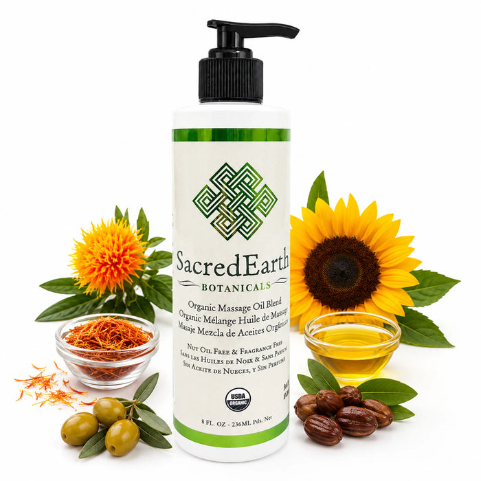 SacredEarth Organic Massage Oil ingredients including USDA Certified Organic sunflower oil, safflower oil, olive oil, jojoba oil and non-GMO vitamin E for skin nourishment and hydration