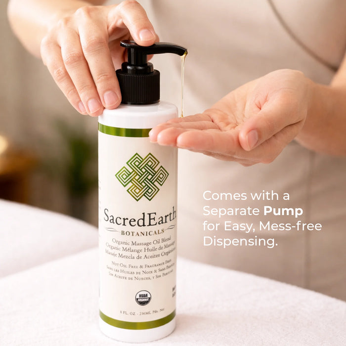 SacredEarth Organic Massage Oil 8 oz pump bottle, professional massage therapy oil with vitamin E for deep tissue massage and moisturized skin