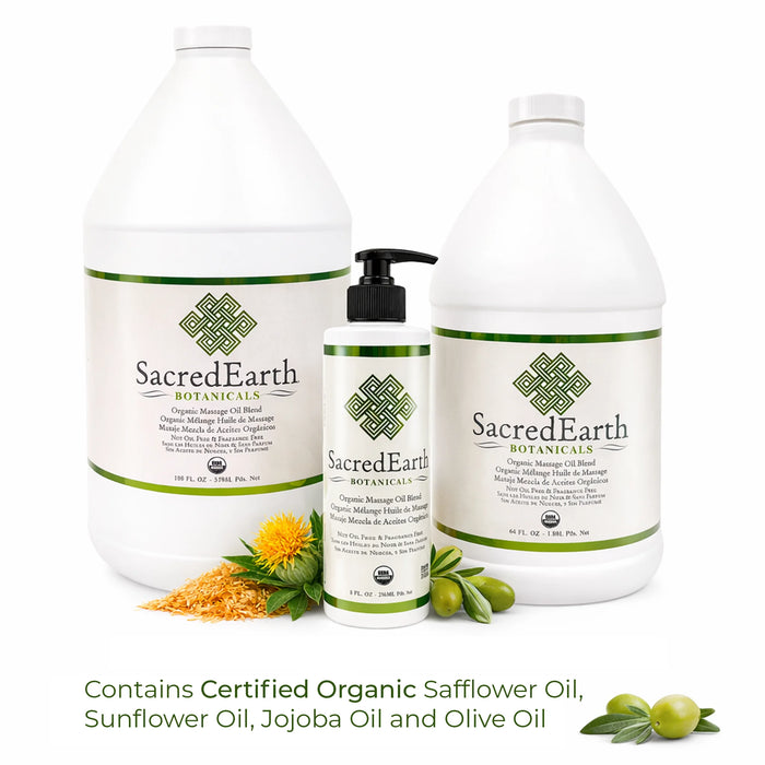 SacredEarth Organic Massage Oil ingredients including USDA Certified Organic sunflower oil, safflower oil, olive oil, jojoba oil and non-GMO vitamin E for skin nourishment and hydration