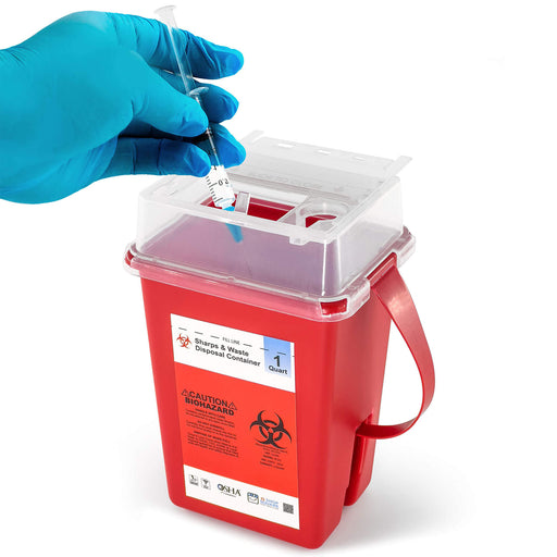 Sharps container in use model wearing gloves placing needles in container