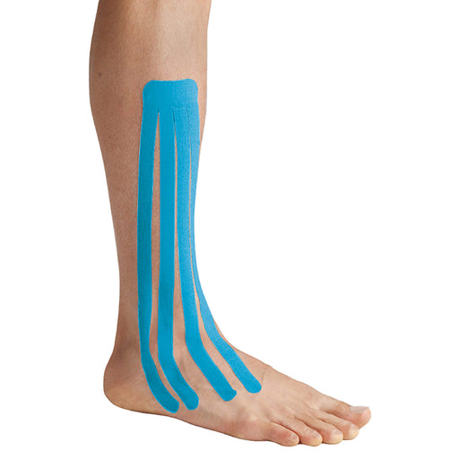 SpiderTech Fan Pre cut Tape medium blue on right ankle and shin