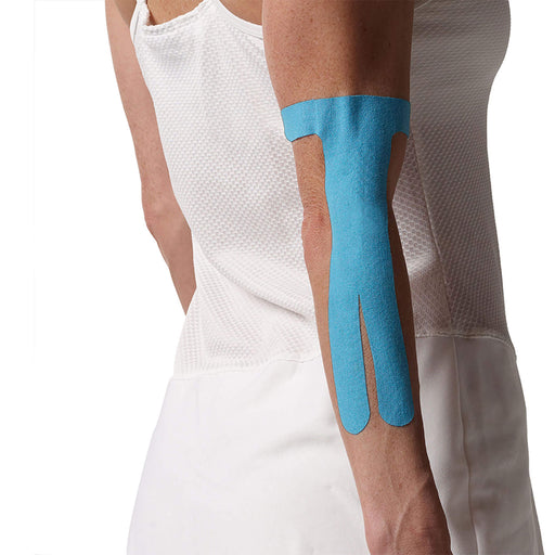 SpiderTech Precut elbow tape on female models right elbow