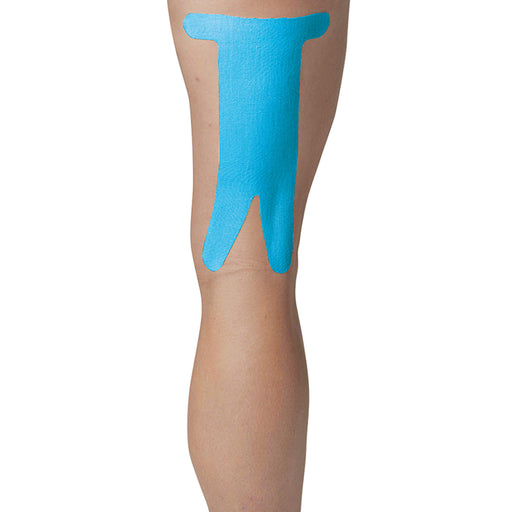 SpiderTech pre cut tape hamstring blue on models leg