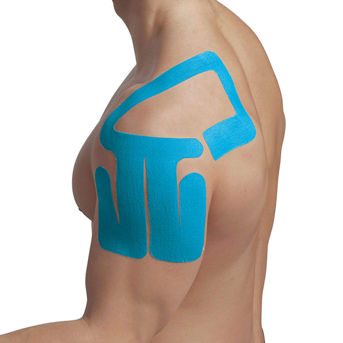SpiderTech pre cut tape shoulder colour blue on male model