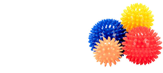 4 available colours of spikey balls orange, blue, red and yellow