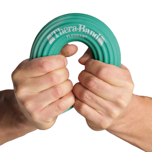 Male hand bending the TheraBand Flex Bar green