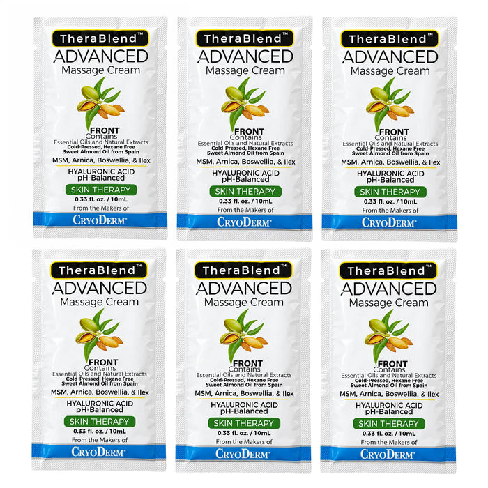 Six identical 10ml packs of TheraBlend Advanced Massage Cream by CryoDerm arranged in a 2x3 grid on a plain white background.