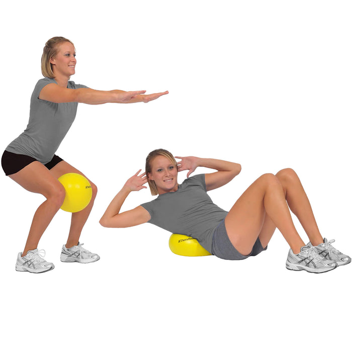 Demonstration of TheraBand Mini Ball squatting and lying down
