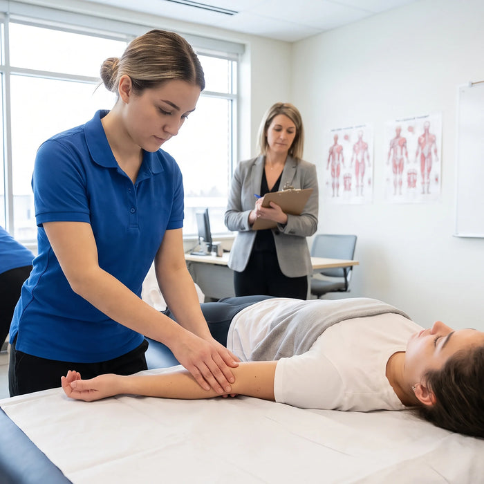 A physical therapy or massage therapist in a blue polo shirt performs a massage on a client's arm lying on a treatment table, with another professional observing in the background of a bright office.