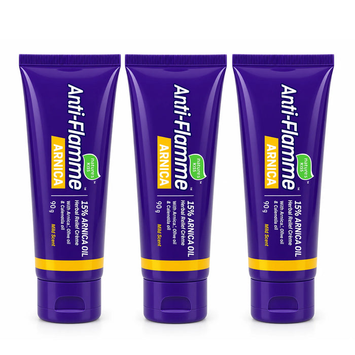 Three purple squeeze tubes of Anti-Flamme Arnica cream 90g with  15% Arnica Oil Hand Pain Cream arranged side by side on a white background.