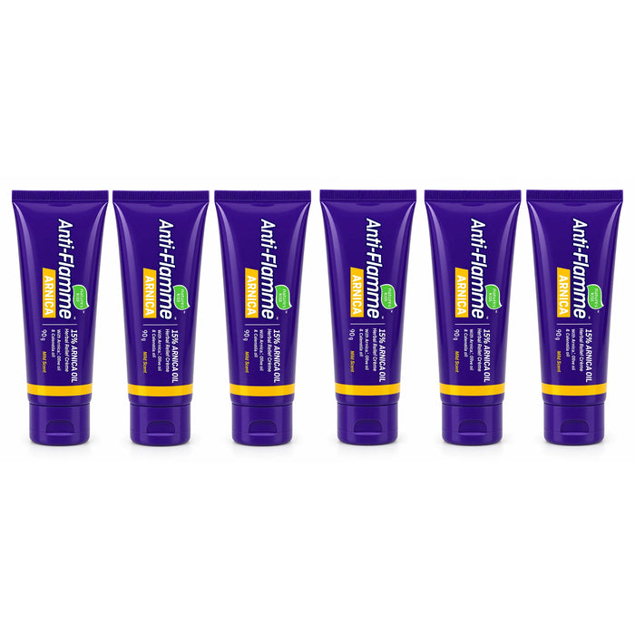Six purple tubes of Anti-flamme Arnica cream 90g arranged in a row on a white background.