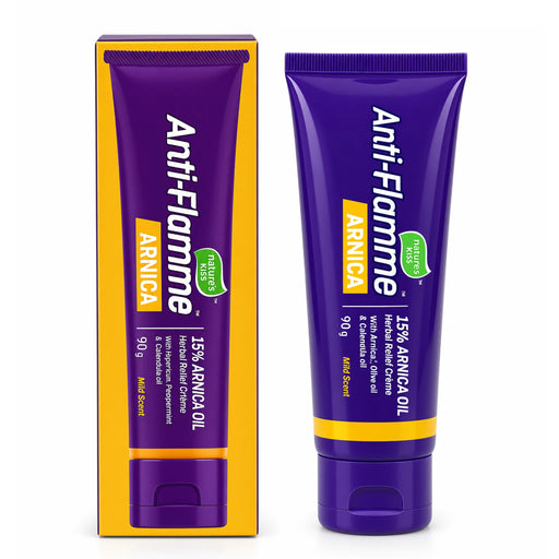 Anti-Flamme Arnica 15% Arnica cream 90g with Arnica Oil with Aloe Vera gel in a purple squeeze tube and matching box, featuring yellow and green accents on a white background.
