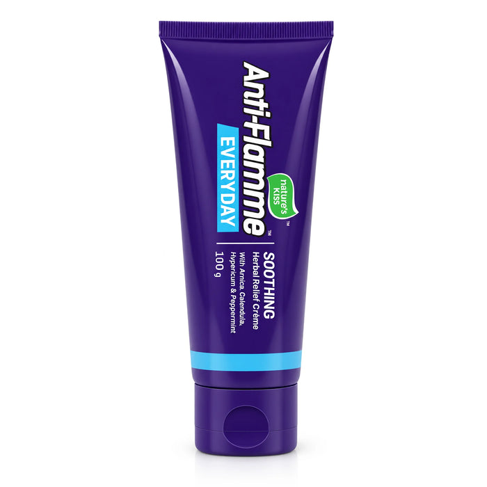 A 100g squeeze tube of Anti-Flamme Everyday Soothing Herbal Cream 100g, featuring a deep purple body with white and blue branding text, on a clean white background.