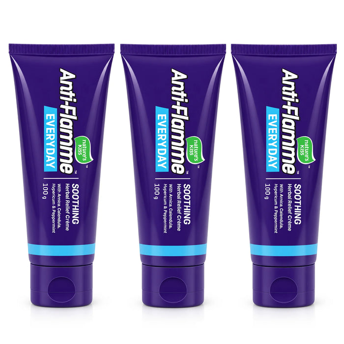 Three identical purple squeeze tubes of Anti-flamme Everyday Soothing cream 100g arranged side by side on a white background.