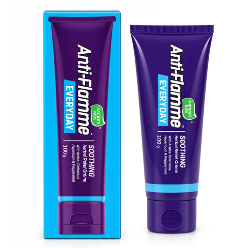 Anti-Flamme Everyday soothing herbal creme 100g shown as a purple squeeze tube next to its blue and purple retail box on a white background.