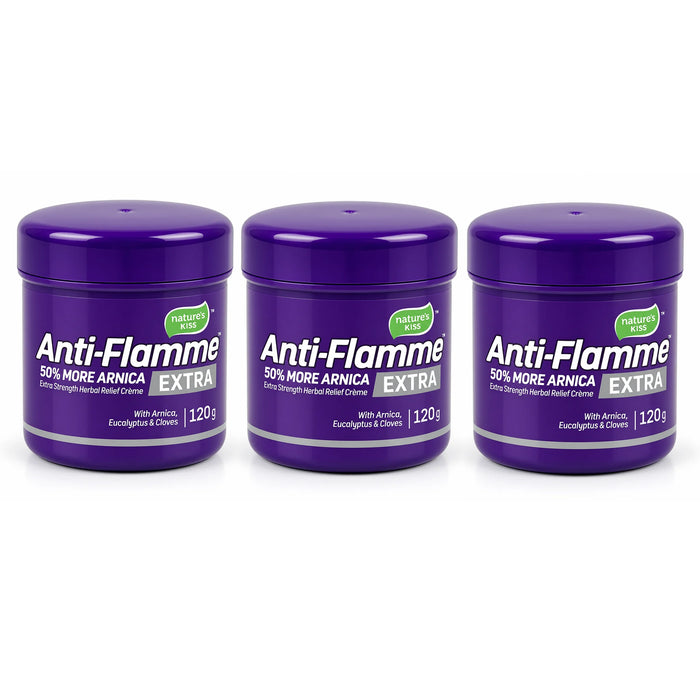 Three purple jars of Nature's Kiss Anti-Flamme Extra 50% More Arnica cream 120g arranged side by side on a white background.