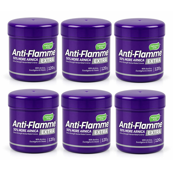 Six purple jars of Nature's Kiss Anti-Flamme 50% More Arnica Extra cream arranged in two rows of three on a white background.