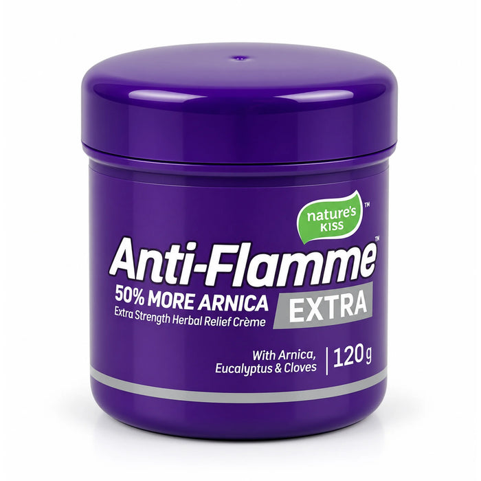 A 120g purple jar of Nature's Kiss Anti-Flamme Extra herbal cream, featuring white and green text on a clean white background.