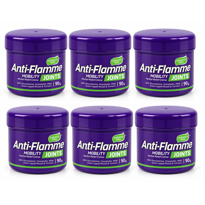 Six purple jars of Anti-Flamme Mobility Joints natural pain cream 90g arranged in two rows of three on a white background.