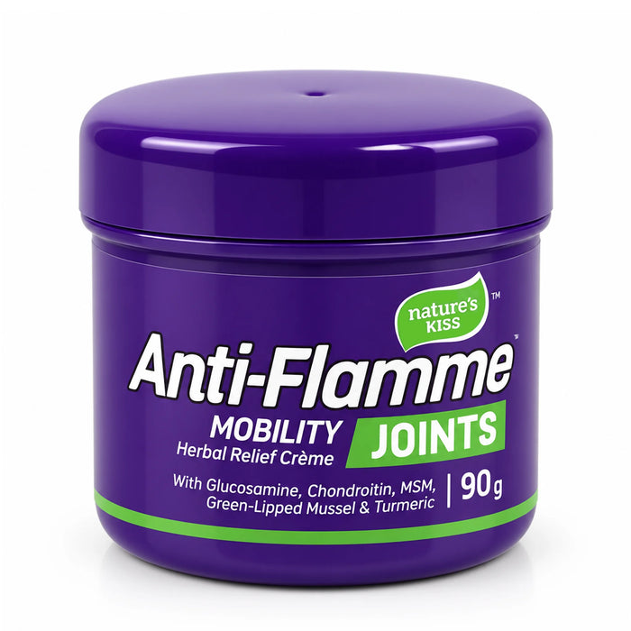 A 90g jar of Nature's Kiss Anti-Flamme Mobility Joints Herbal Relief Crème, featuring a glossy purple container with white and green text on a white background.90g