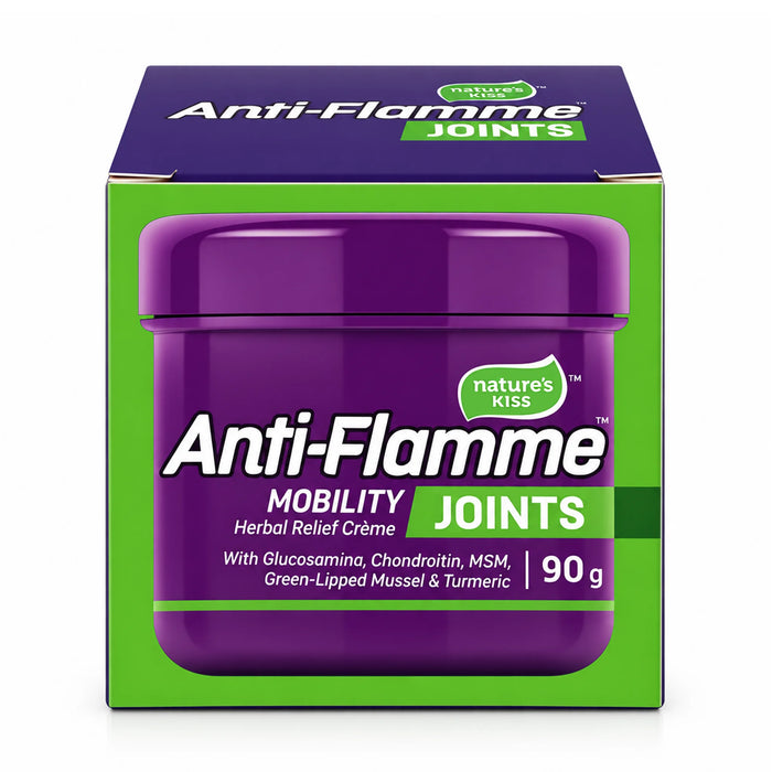 A 90g jar of Nature's Kiss Anti-Flamme Mobility Joints Herbal Relief Crème 90g, shown in its green and purple retail box packaging against a white background.