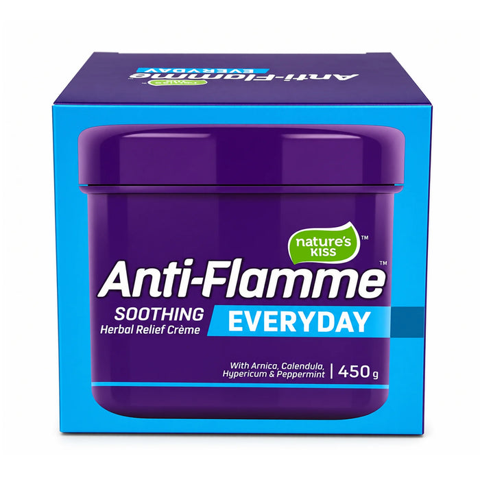 Nature's Kiss Anti-Flamme Soothing Everyday Herbal Relief Crème 450g  in a purple jar, shown in its blue and purple retail box packaging on a white background.
