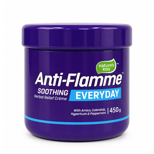 A purple plastic jar of Nature's Kiss Anti-Flamme Soothing Everyday Herbal Relief Crème 450g, featuring white and blue text on a clean white background.