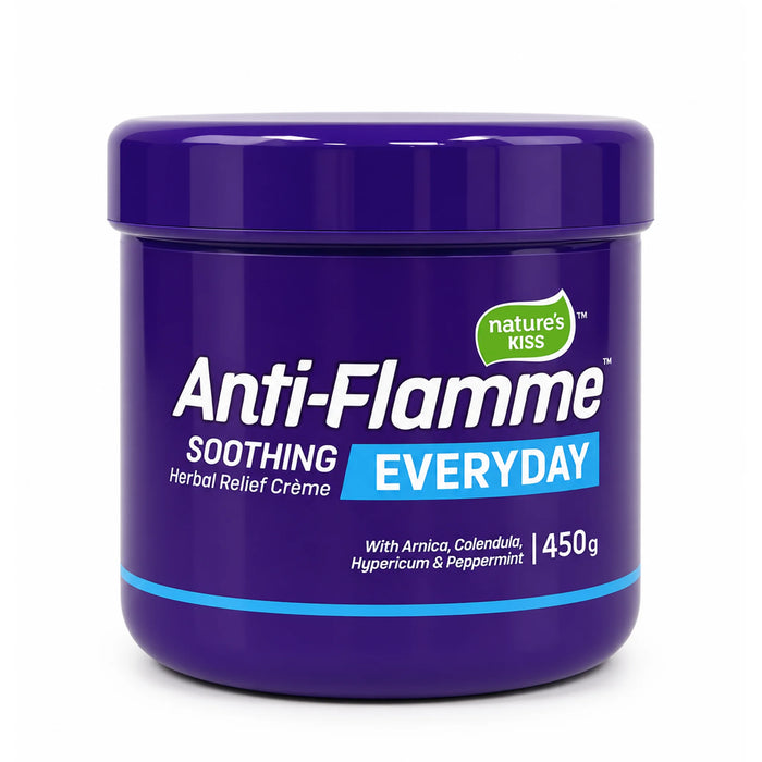 A purple plastic jar of Nature's Kiss Anti-Flamme Soothing Everyday Herbal Relief Crème 450g, featuring white and blue text on a clean white background.