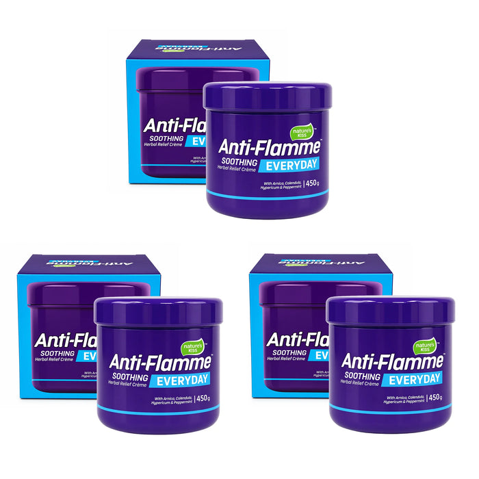 Three jars of Anti-Flamme Soothing Daily Moisturizer 450g with their blue and white packaging boxes, arranged on a solid white background.