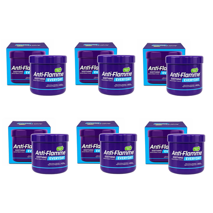 6 jars of Anti-Flame Everyday Pain Relief Cream 450g arranged in two rows of four, each shown with its blue and purple cardboard box on a plain white background.