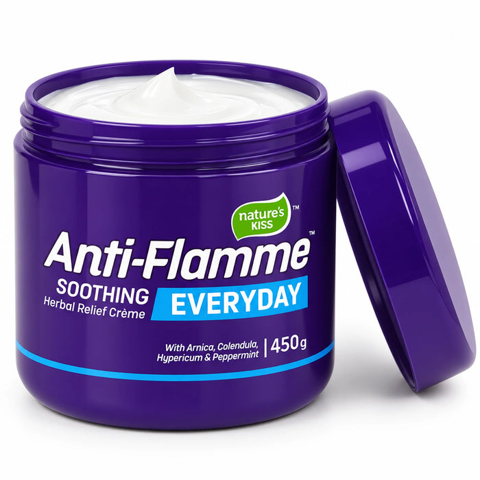 A purple plastic jar of Nature's Kiss Anti-Flamme Soothing Everyday Herbal Relief Creme 450g, shown open with white cream inside and its matching purple lid leaning against it on a white background.