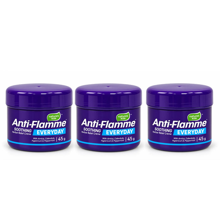 Three jars of Anti-Flamme Soothing Relief Cream 45g arranged side by side on a plain white background.