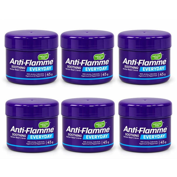 Six purple jars of Anti-Flamme Soothing Herbal cream 45g arranged in two rows of three on a white background.