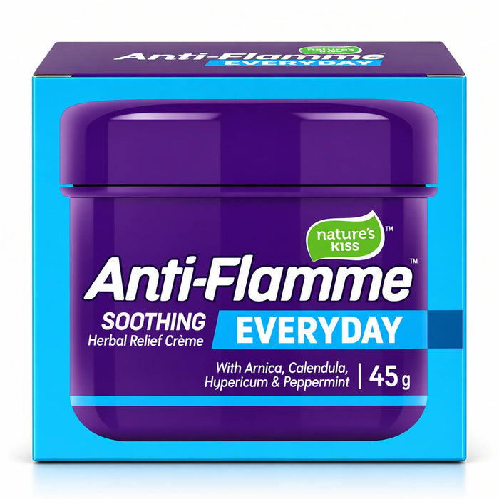 Nature's Kiss Anti-Flamme Soothing Everyday Herbal Relief Crème in a 45g jar, shown in its blue and purple retail box packaging.